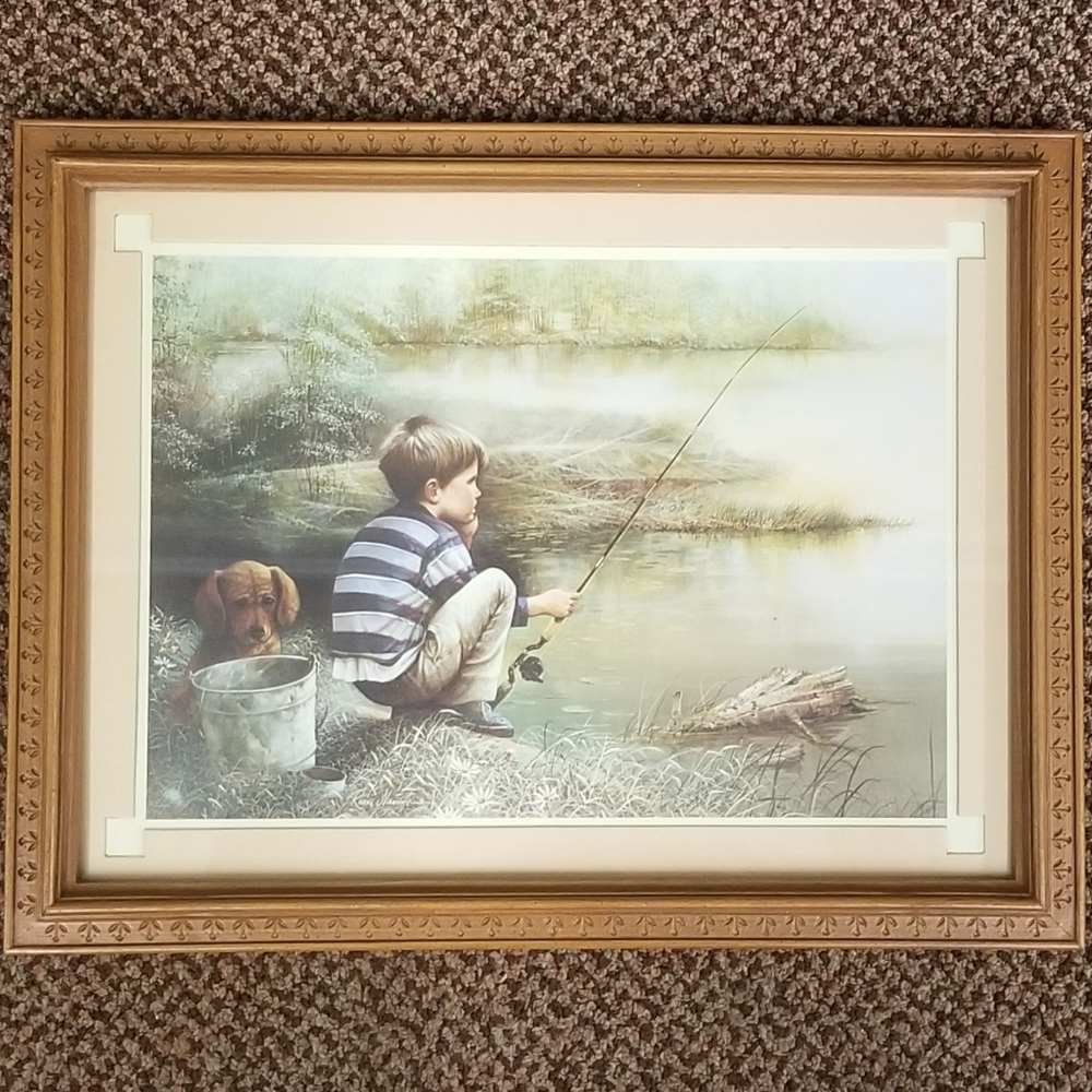 Home Interiors Ruane Manning Boy Fishing with Puppy Dog frame print
